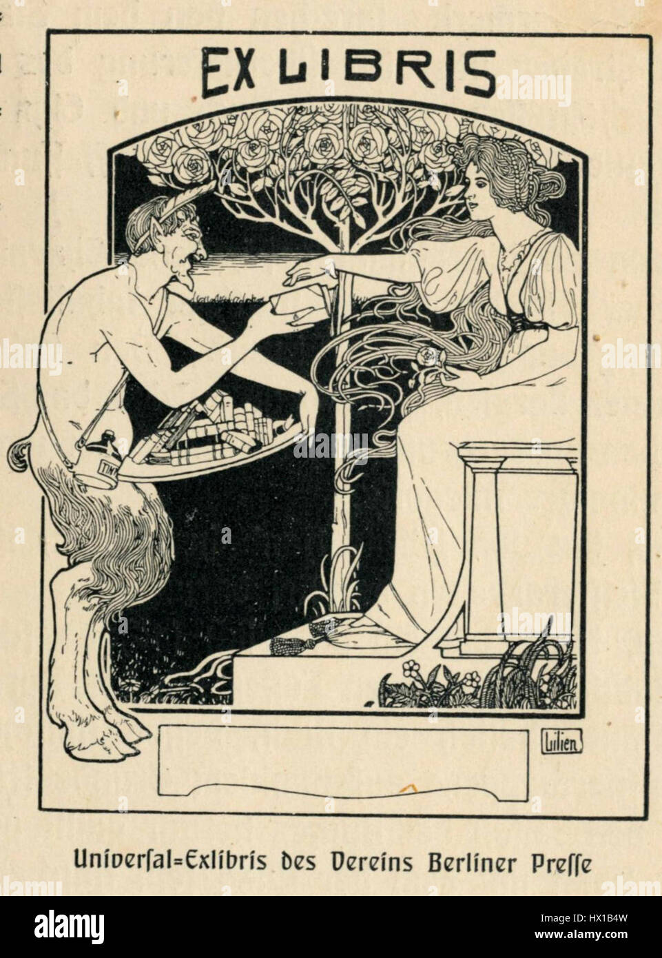 Il design "Ex Libris" per il Vereins Berliner Presse è una libreria che probabilmente riflette lo stile artistico dei primi anni del XX secolo, segnando la proprietà e l'affiliazione culturale con la Berlin Press Association. Foto Stock