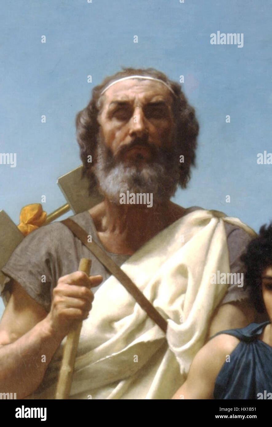 Questo dipinto di William-Adolphe Bouguereau, intitolato "Omero e la sua guida", raffigura una scena della mitologia greca. L'opera enfatizza l'intima relazione tra Omero, il poeta cieco, e la sua guida, mostrando la maestria della luce e dei dettagli di Bouguereau. Foto Stock