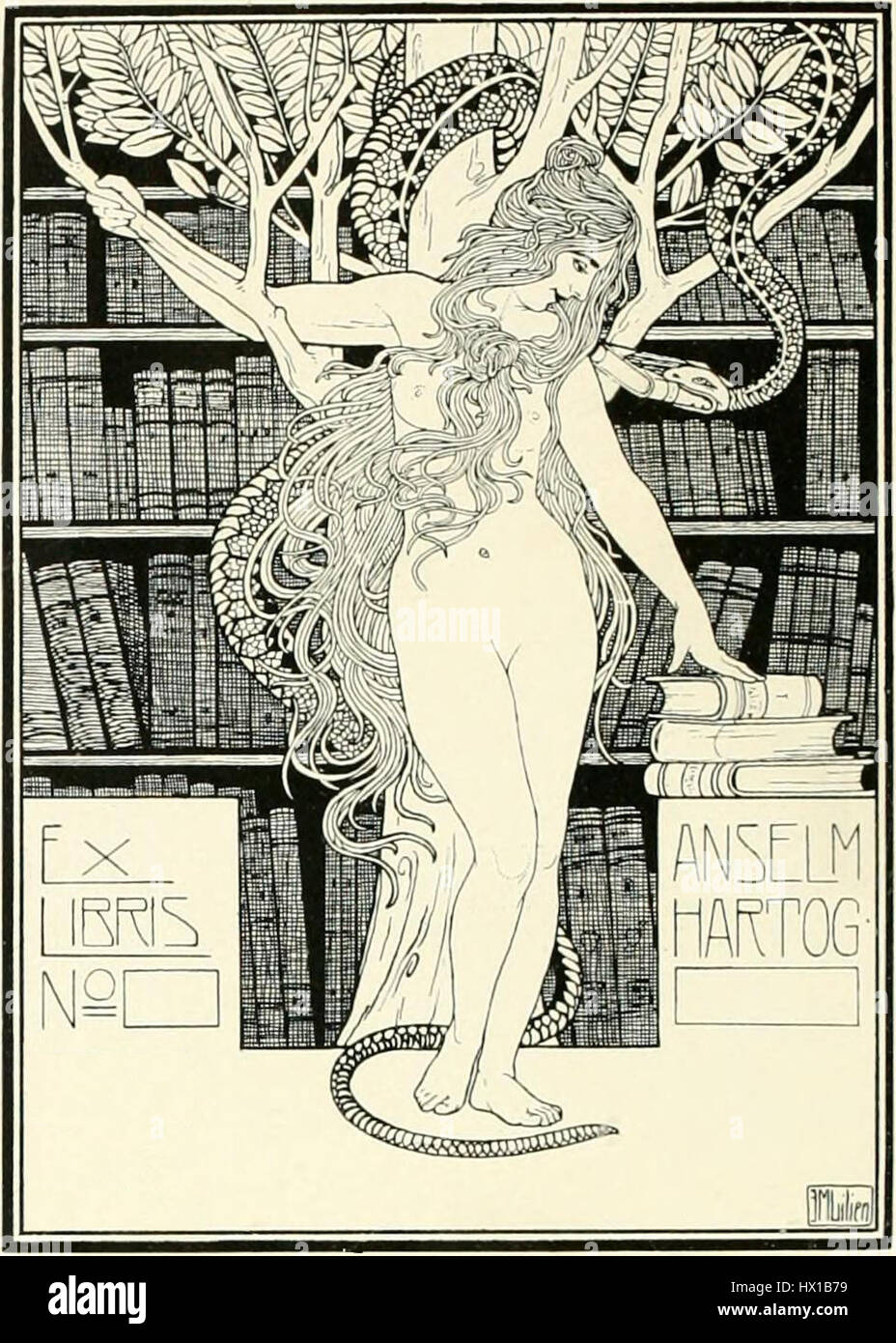 La "Ex Libris" di Anselm Hartog presenta un design da libreria, che mostra una combinazione di elementi artistici pensati per rappresentare la proprietà e l'intellettualismo. Il design di Hartog utilizza immagini simboliche per trasmettere l'identità e il gusto personale del proprietario del libro. Foto Stock