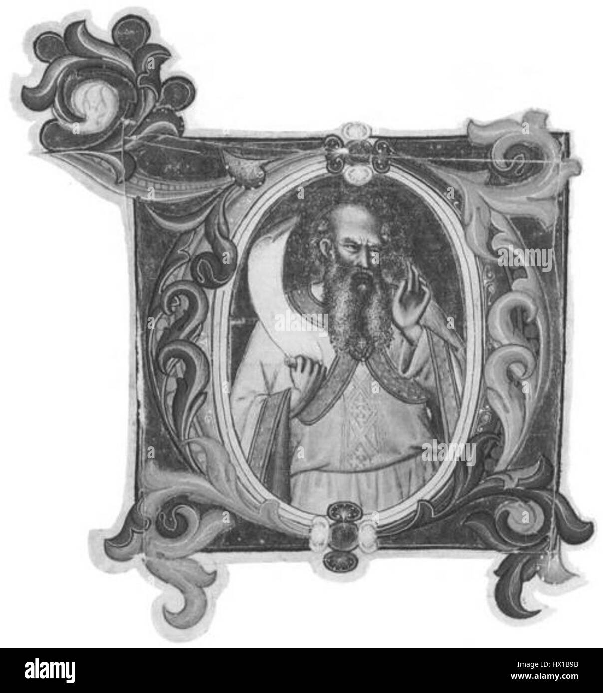 "Un profeta in una D iniziale" fa parte di un graduale di Don Silvestro dei Gherarducci, creato per la San Michele a Murano. Il manoscritto illuminato presenta colori vivaci e iconografia religiosa. Foto Stock