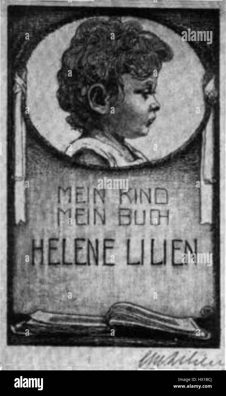 Una ex libris, disegnata per Helene Lilien, presenta uno stile art nouveau con motivi di libri e di un bambino, che riflette la proprietà personale e la sensibilità artistica del proprietario. Foto Stock
