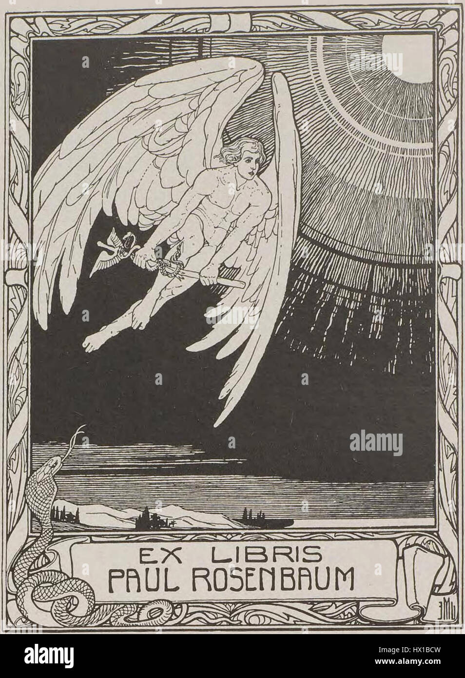 Il *Ex Libris* di Max Rosenbaum è un bookplate personalizzato che mostra il suo stile artistico distintivo. Questa libreria presenta disegni complessi e spesso include un motto o un simbolo che rappresenta il proprietario del libro. I disegni ex Libris come quelli di Rosenbaum furono popolari tra la fine del XIX e l'inizio del XX secolo come forma di espressione personale e proprietà. Foto Stock
