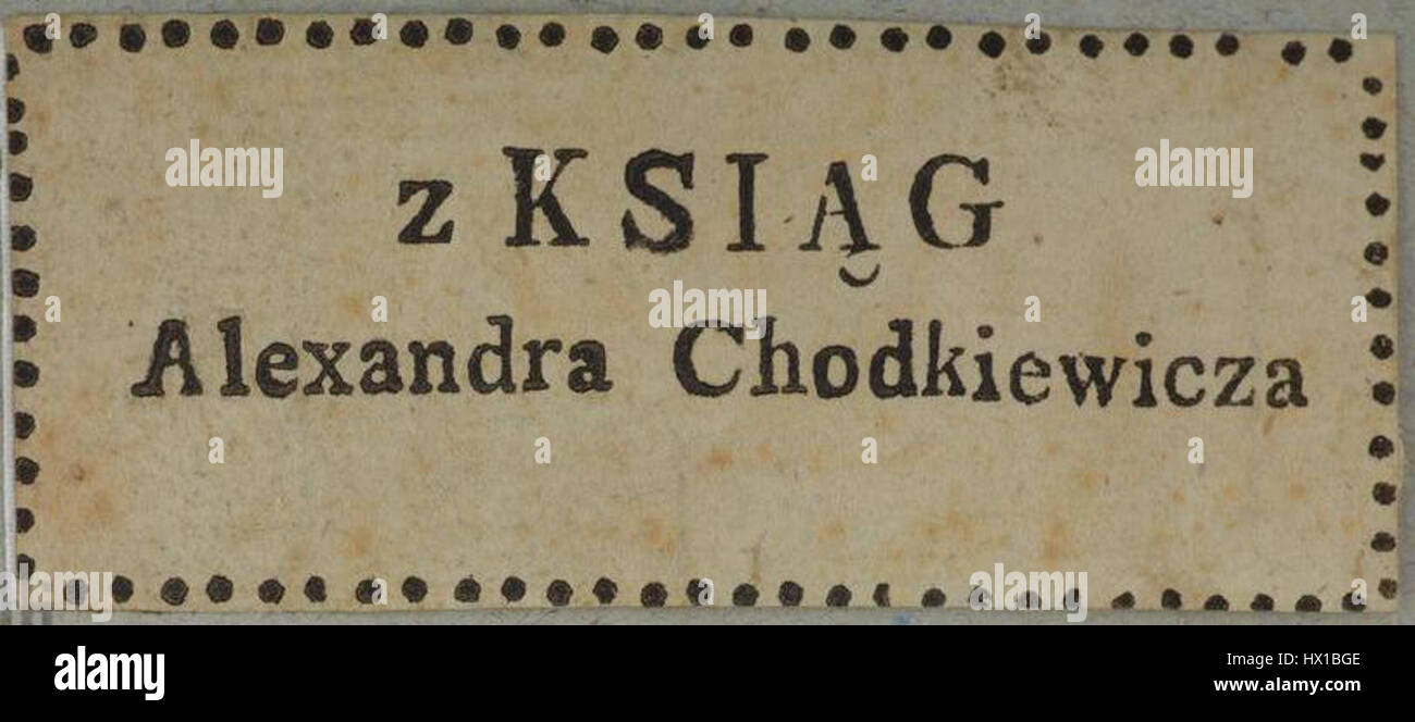 Questa ex-libris (libreria) di Aleksandra Chodkiewicz è una rappresentazione visiva della proprietà personale di un libro. I disegni ex-libris spesso presentano illustrazioni e simboli complessi che riflettono la personalità o gli interessi del proprietario del libro. Foto Stock