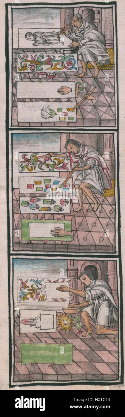 Il codice fiorentino è un manoscritto del XVI secolo che documenta la cultura e i costumi del popolo azteco. Folio 64 descrive il processo di lavorazione della piuma e della carta utilizzando materiali come amate, maguey e piume. Questa pagina fornisce informazioni sull'artigianato azteco e sul loro uso di materiali naturali nell'arte. Foto Stock