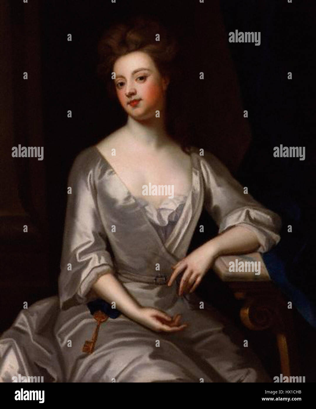 Sarah Churchill, duchessa di Marlborough (1660–1744), fu una cortigiana britannica e stretta confidente della regina Anna. La sua influenza a corte e il suo ruolo in politica, in particolare durante la Guerra di successione spagnola, sono ben documentati, riflettendo il suo significativo impatto sulla storia britannica. Foto Stock