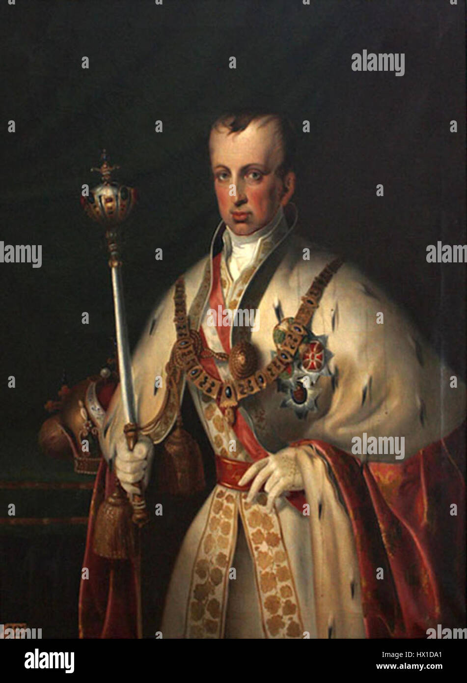 L'imperatore Ferdinando i, sovrano del Sacro Romano Impero, è raffigurato con lo scettro, un simbolo del suo potere imperiale. L'opera d'arte rappresenta l'autorità e il ruolo del monarca come sovrano, sottolineando la natura regale e cerimoniale del suo regno. Foto Stock