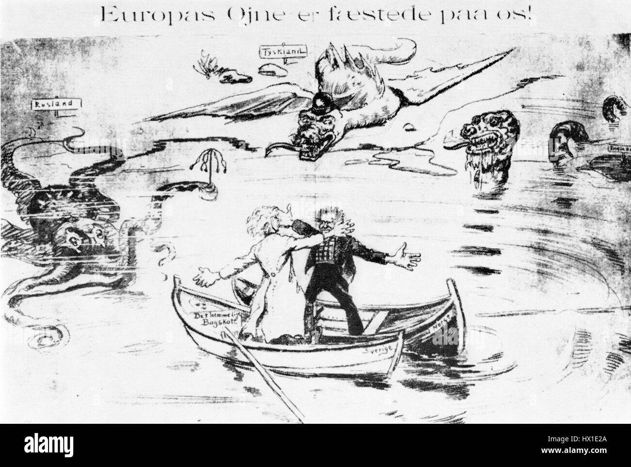 "Europas Ojne er faestede paa oss" è una frase norvegese che significa "gli occhi dell'Europa sono fissi su di noi". Si riferisce probabilmente a un contesto culturale o storico che coinvolge l'attenzione o l'influenza europea. Foto Stock