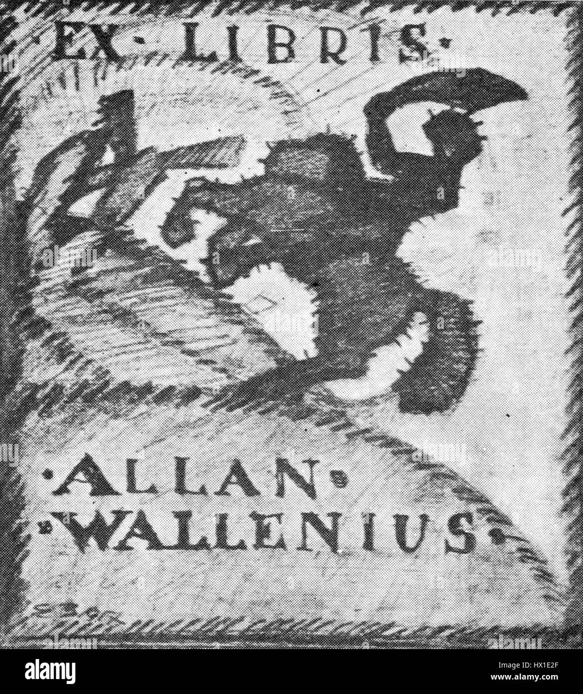 L'Ex Libris di Allan Wallenius è una libreria personalizzata progettata per i noti individui. Presenta una rappresentazione artistica, spesso simbolica degli interessi del proprietario, progettata per la proprietà del libro e l'identificazione personale. Foto Stock