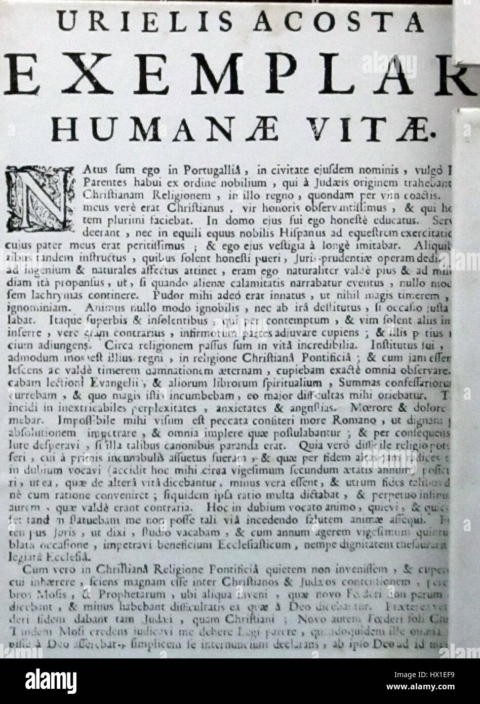 L'Exemplar Humanae Vitae si riferisce ad un'opera filosofica storica collegata alla figura di Uriel Acosta. Il pezzo si occupa di temi di etica, vita umana e fede religiosa, probabilmente concentrandosi sugli insegnamenti morali. Foto Stock