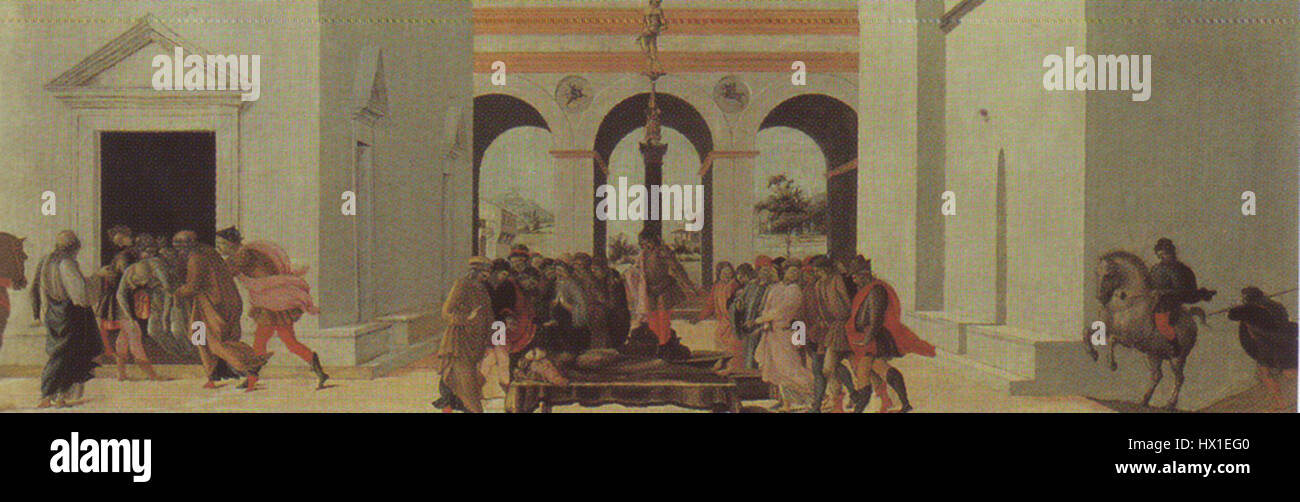 "Morte di Lucrezia" è un dipinto a tempera su legno di Filippino Lippi, creato intorno al 1478-1480. Misura 42 x 126 cm, raffigura la tragica morte di Lucrezia, nobildonna romana, ed è ospitato nella Galleria Palatina di Firenze. Foto Stock