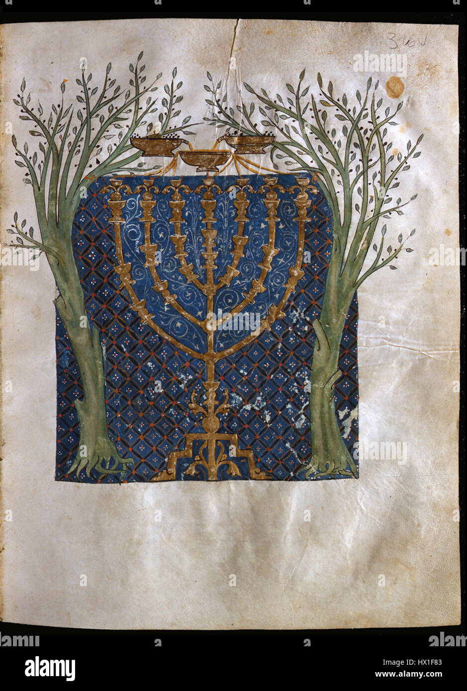 La Biblia de Cervera è un manoscritto medievale contenente testi e illustrazioni biblici. Folio 316v presenta la Menora di Zaccaria, un simbolo significativo nella storia ebraica e cristiana. Foto Stock