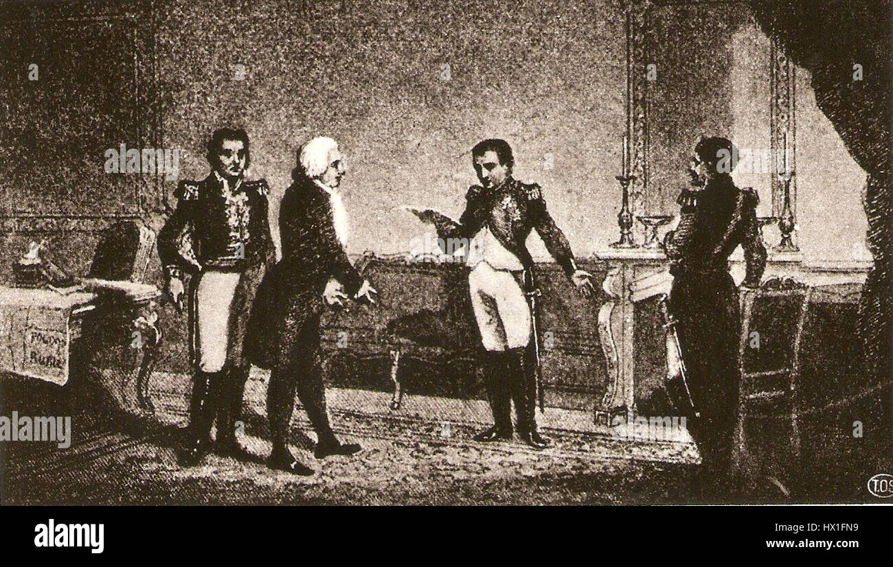L'opera intitolata "Dabrowski, Wybicki e Napoleone" riflette una scena storica che coinvolge figure chiave della storia polacca, tra cui il generale Dąbrowski, Józef Wybicki e l'imperatore francese Napoleone Bonaparte. Evidenzia le loro interazioni durante le guerre napoleoniche e il coinvolgimento polacco nelle campagne di Napoleone. Foto Stock