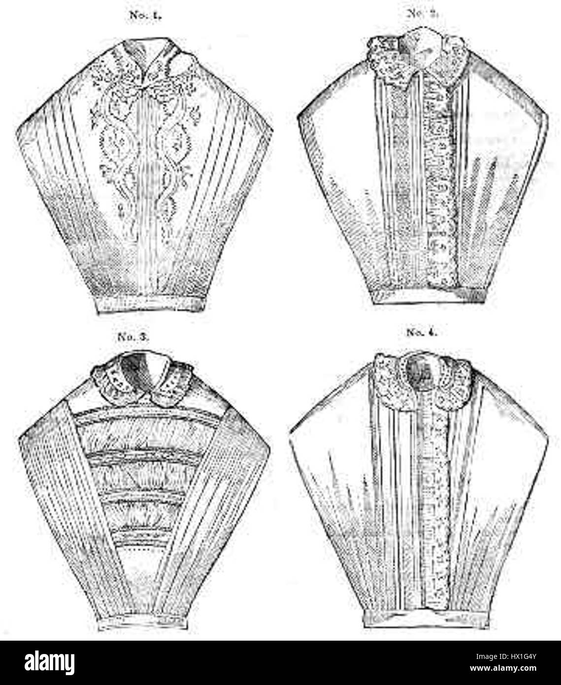 Questa immagine tratta dal Libro della Signora di Godey, aprile 1850, presenta chemisettes, un capo di abbigliamento popolare per le donne durante il XIX secolo. I chemisettes venivano indossati per aggiungere modestia e stile, spesso come parte dell'abito formale o quotidiano delle donne. Foto Stock