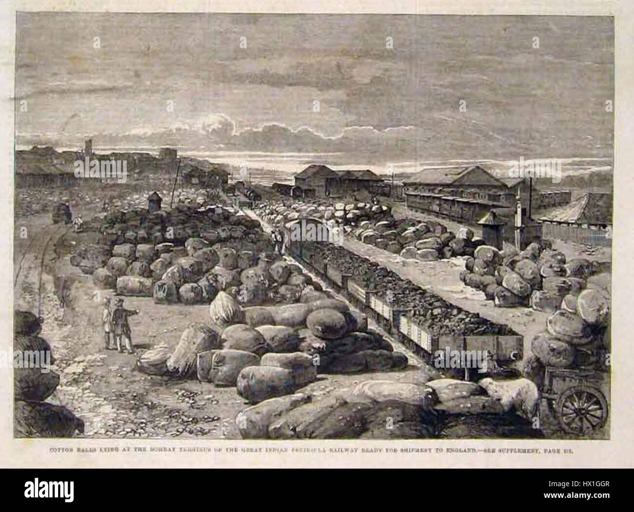 Questa immagine raffigura balle di cotone impilate al Bombay Terminus, pronte per l'esportazione in Inghilterra durante il periodo coloniale britannico. La scena illustra il ruolo integrale del cotone indiano nella rete commerciale globale durante il XIX secolo. Foto Stock