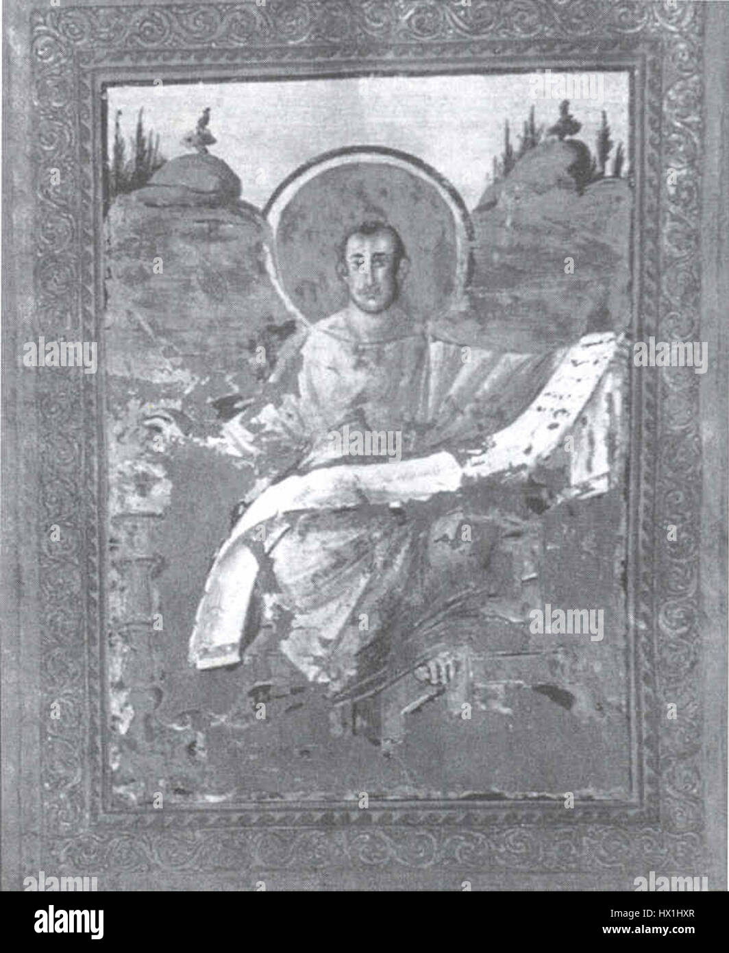 «Marco evangelista» si riferisce a una raffigurazione di San Marco, uno dei quattro evangelisti, spesso raffigurata con immagini simboliche come un leone, che rappresenta il suo ruolo nella diffusione del cristianesimo e la sua associazione con il Vangelo. Foto Stock