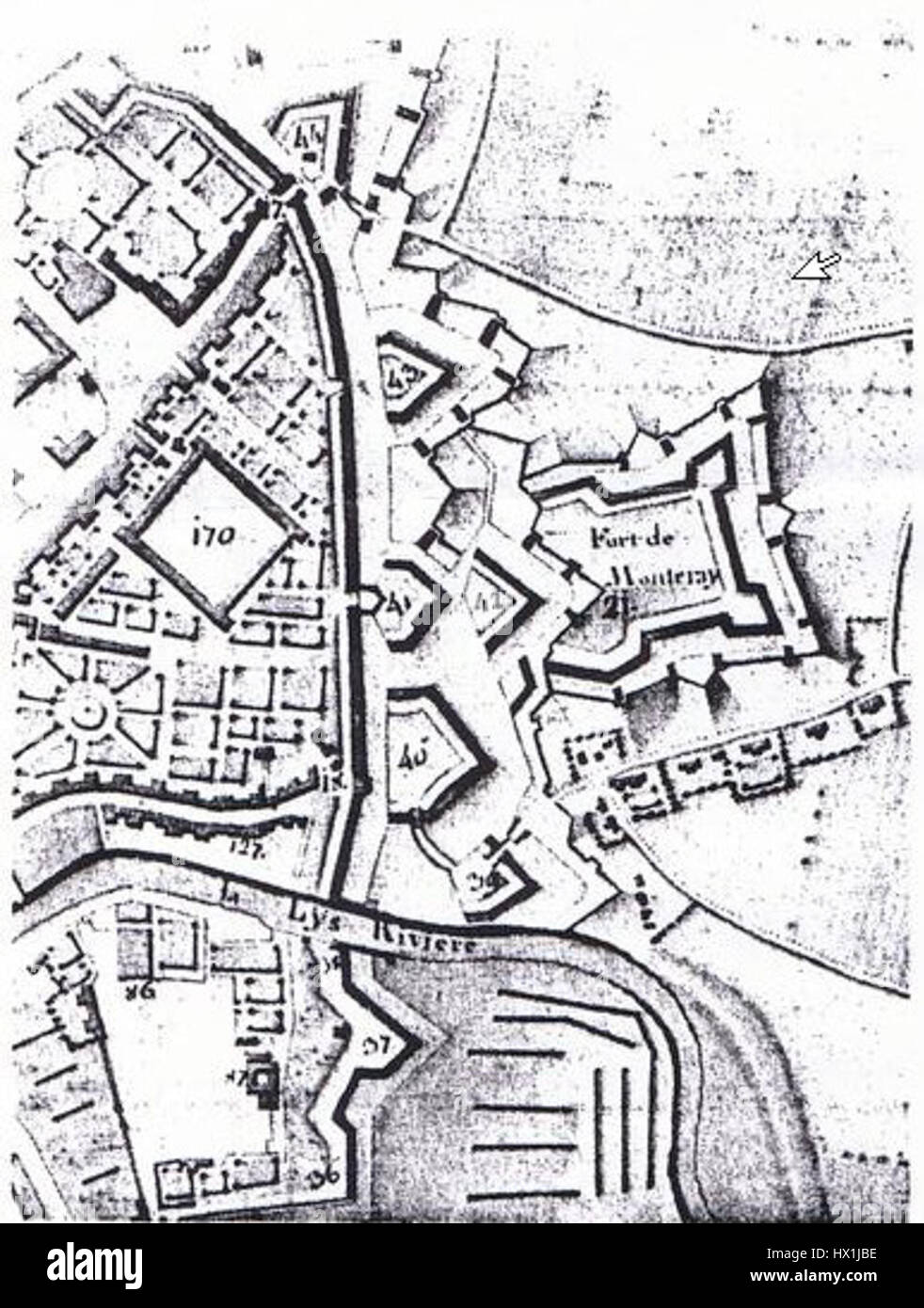 Fort Monterey, presente nell'Atlas Malfeson (1756), fu un'importante fortificazione militare in Nord America durante il periodo coloniale. La mappa fornisce informazioni sui posizionamenti militari strategici del tempo. Foto Stock