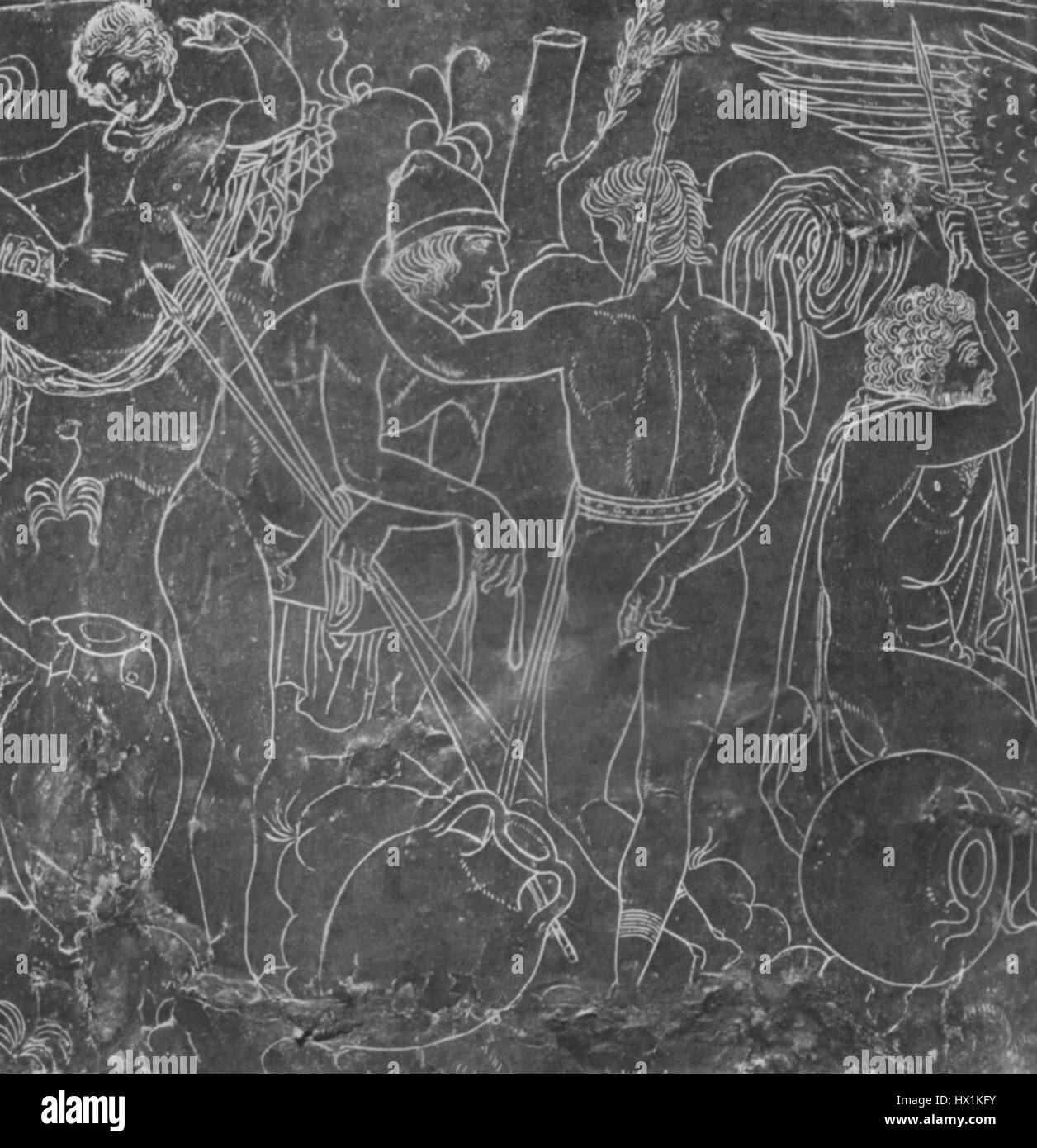 La Cista di Ficoroni, una cista di bronzo romana antica, circa 340 a.C., attribuita a Novios Plautios, con una scena con due Argonauti, forse Ercole e Iolao, in un atteggiamento affettuoso, con idrie (vasi d'acqua) nelle vicinanze. Foto Stock