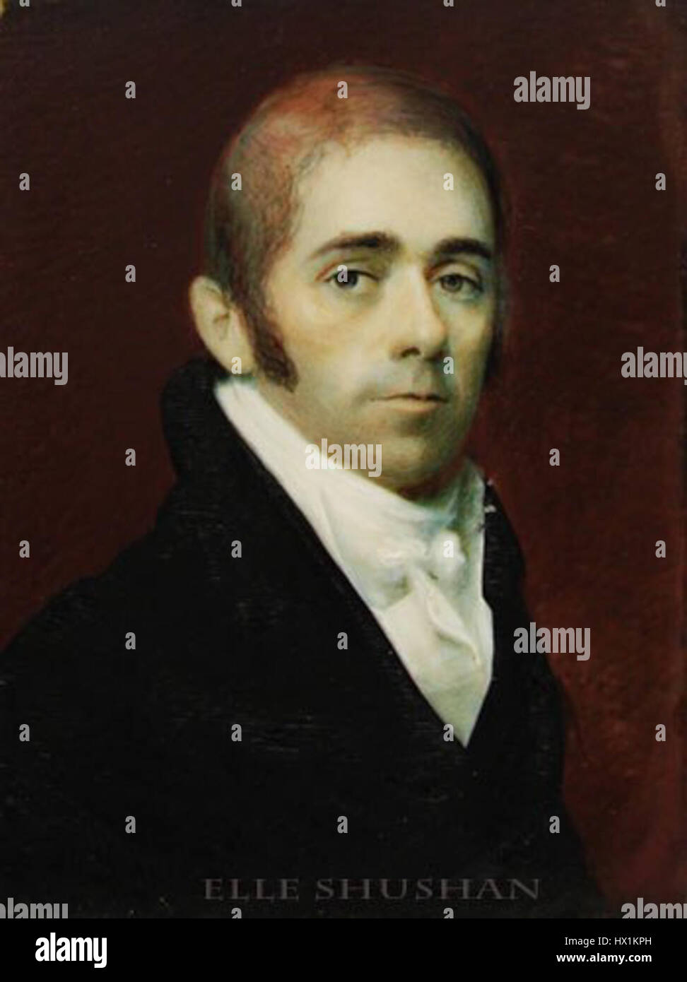 Il ritratto del colonnello McIntyre, dipinto da Anson Dickinson nel 1810, mostra una figura militare in abbigliamento formale. Il dipinto enfatizza il ruolo e lo status di McIntyre, caratterizzato da abbigliamento militare tradizionale e un'espressione solenne e autorevole. Foto Stock