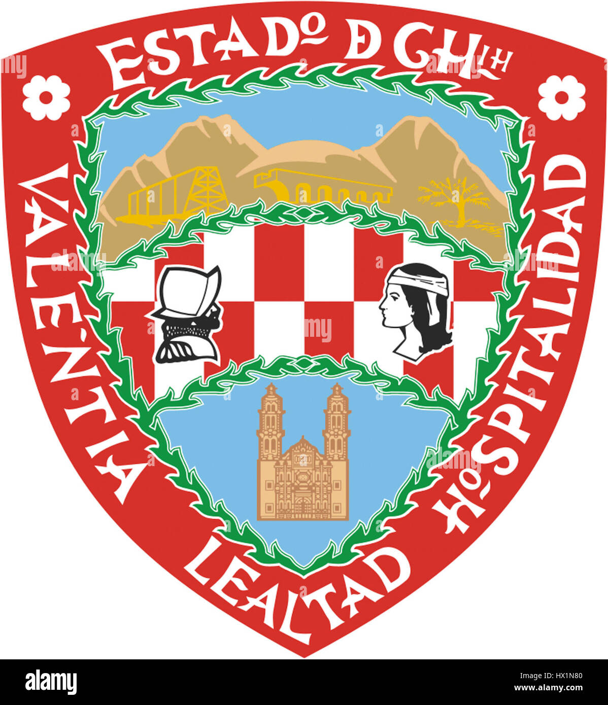 L'Escudo de Chihuahua è lo stemma ufficiale dello stato messicano di Chihuahua. Presenta vari simboli, tra cui una rappresentazione del significato storico e culturale dello stato. Foto Stock