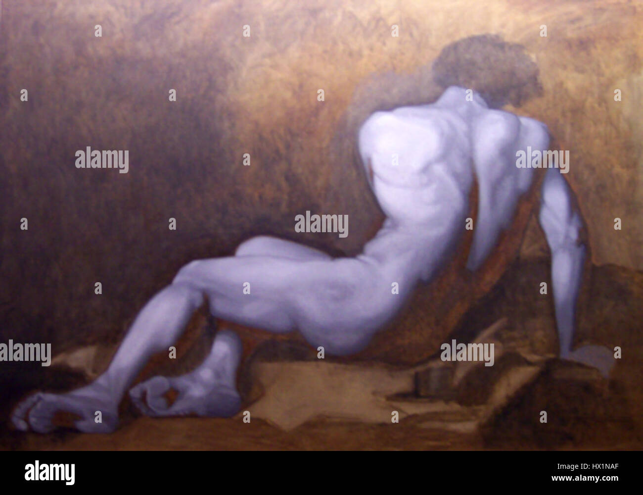 "Patroclus" di David di Mims Studios è un dipinto grisaille che raffigura il tragico eroe greco Patroclo. Grisaille, una tecnica pittorica che utilizza sfumature di grigio, esalta il tono cupo e drammatico di questa rappresentazione, evidenziando la scomparsa di Patroclo durante la guerra di Troia. La tecnica consente di concentrarsi sulla forma e sui dettagli, migliorando l'impatto emotivo della scena. Foto Stock