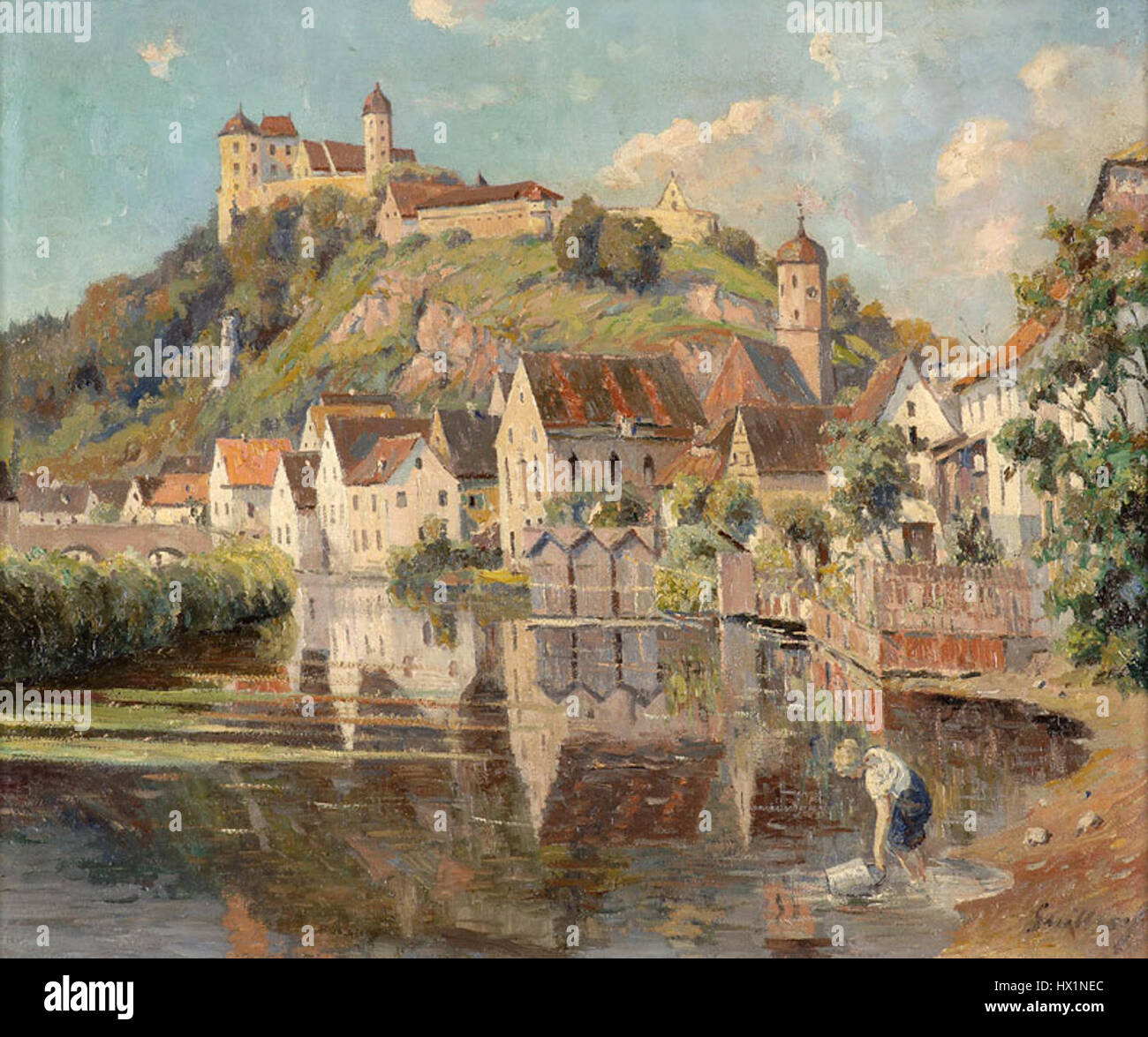 Questa mappa di F.P. Guillery raffigura la città di Harburg nello Schwaben, una regione storica nel sud della Germania. La mappa fornisce una vista dettagliata della struttura della città, mostrando le sue strade, i monumenti e le aree circostanti durante il primo periodo moderno, riflettendo le pratiche cartografiche del tempo. Foto Stock