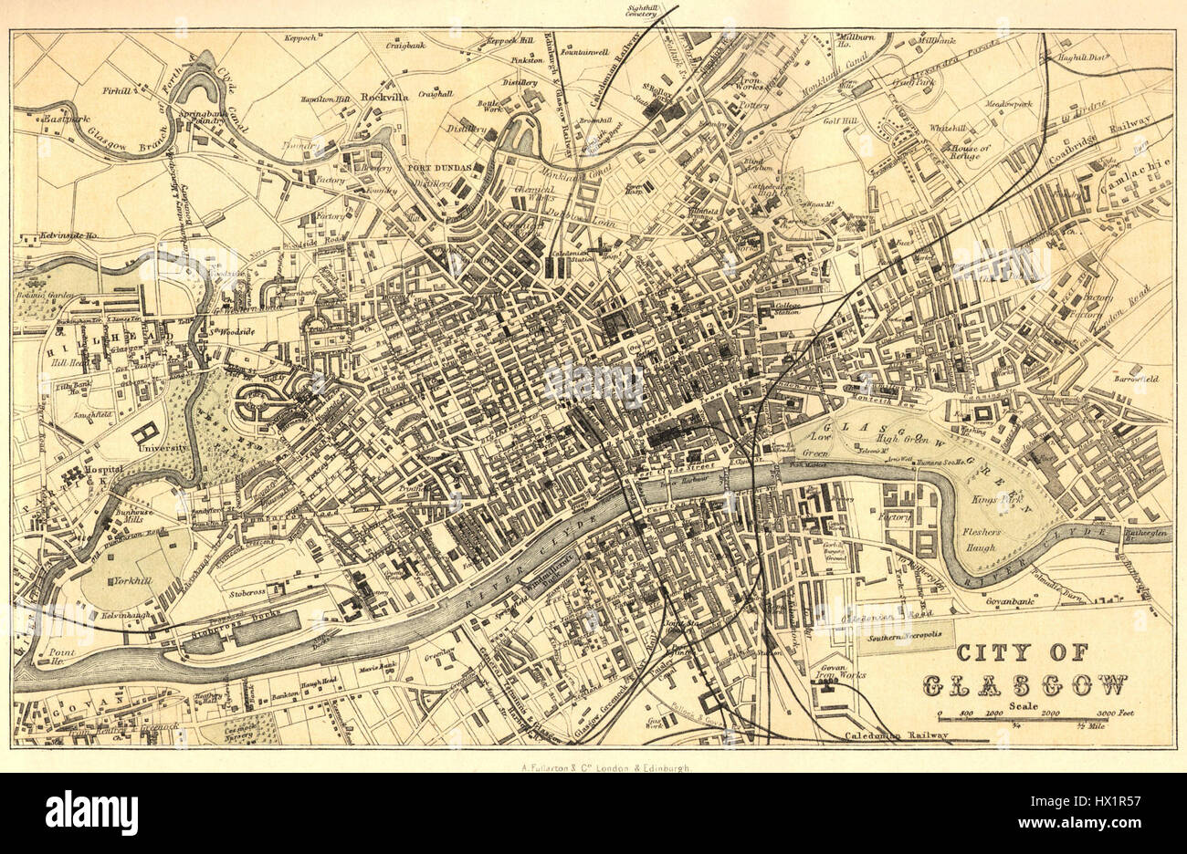 Una mappa storica di Glasgow del 1878, che mostra la struttura della città e i principali monumenti dell'epoca. La mappa fornisce una panoramica della struttura urbana di Glasgow durante la fine del XIX secolo. Foto Stock