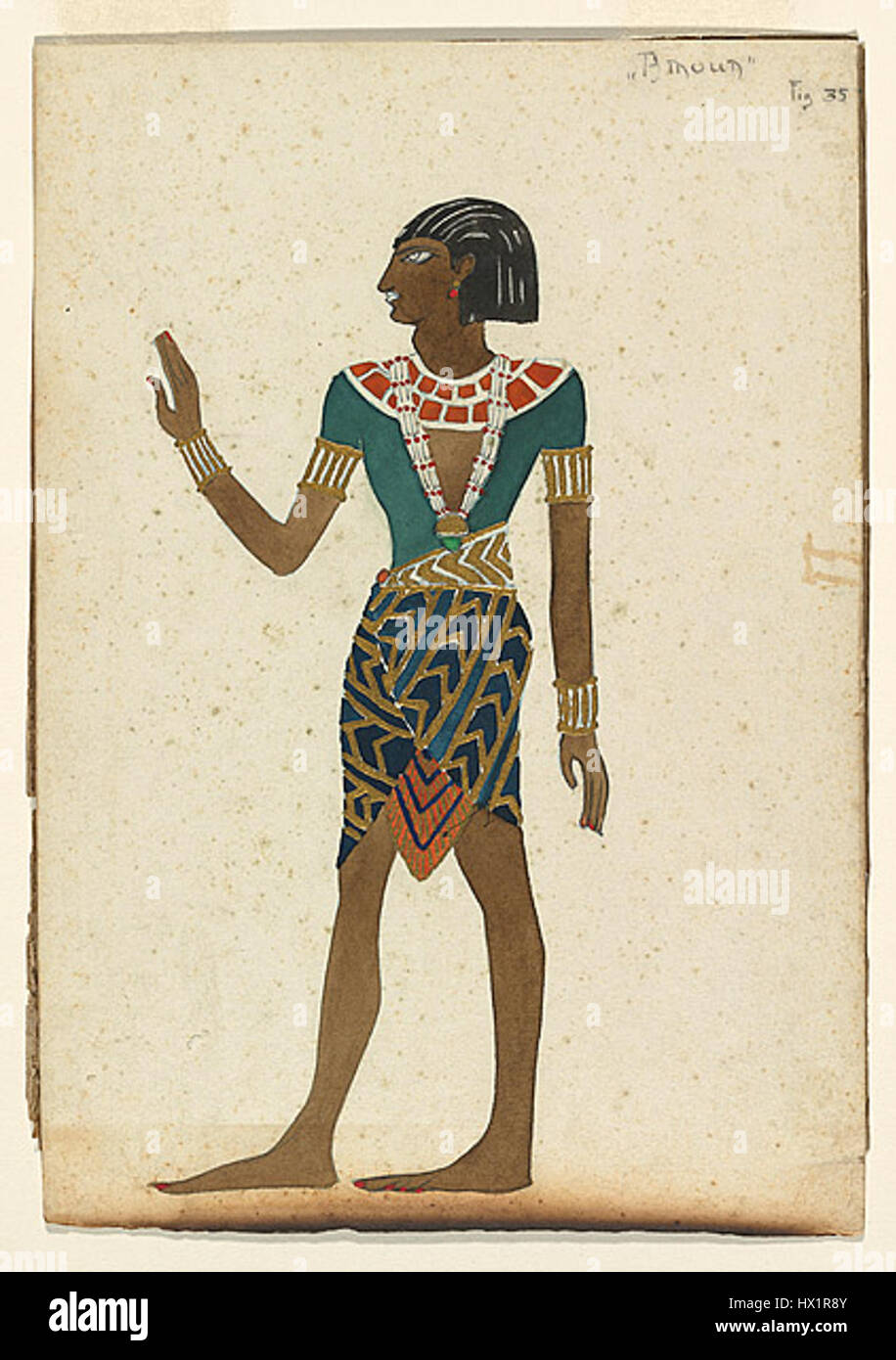 Questo costume per il balletto "Cleopatra", creato da Leon Bakst, è noto per la sua vivace ed esotica rappresentazione di temi egizi antichi. Bakst era rinomato per i suoi disegni teatrali che enfatizzavano i colori vivaci e l'impatto drammatico. Foto Stock
