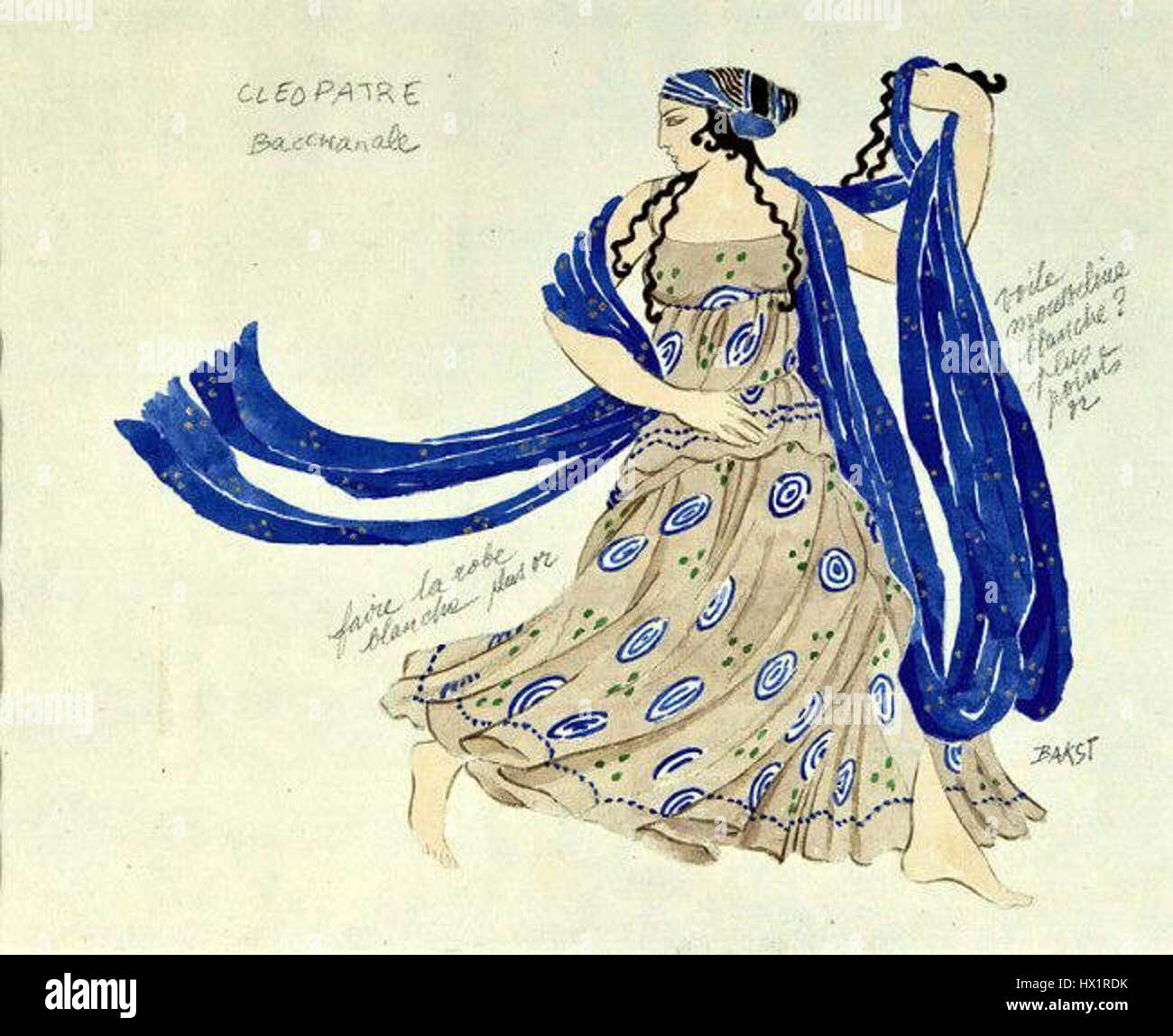 "Cleopatra Ballet by Bakst" si riferisce a un disegno o un'opera d'arte creati da Leon Bakst per la produzione di balletto "Cleopatra". Bakst era noto per i suoi vividi disegni di set e costumi, e questo pezzo riflette il suo audace stile teatrale. Foto Stock