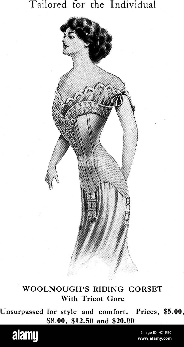 Questa immagine mostra gli stili di corsetto del 1909-1910, mettendo in risalto le tendenze della moda dell'epoca edoardiana. I corsetti di questo periodo sono stati progettati per enfatizzare una figura a clessidra, con intricati allacciamenti e supporto strutturato. La tendenza riflette le aspettative della società in materia di bellezza e moda femminile all'epoca, influenzando il design dell'abbigliamento fino al XX secolo. Foto Stock