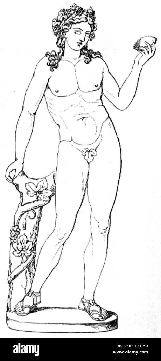 Una rappresentazione di Dioniso, il dio greco del vino, della rivelazione e della fertilità, spesso mostrata nell'arte classica con simboli di vite e maschere teatrali, incarnando sia la gioia che il caos associati alla sua mitologia. Foto Stock