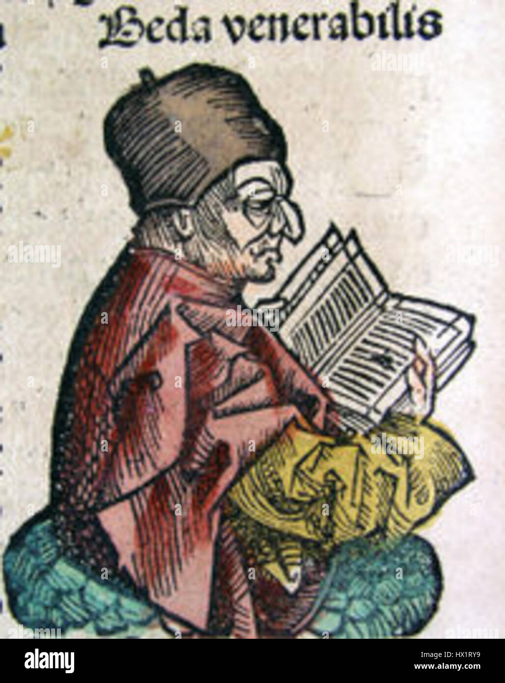 Beda, un monaco e studioso inglese, nella Cronaca di Norimberga, un libro di Hartmann Schedel del 1493, e menzionato anche nel Libro degli emblemi di Andrea Alciato, una raccolta di poemi emblematici latini pubblicata per la prima volta nel 1531. Foto Stock