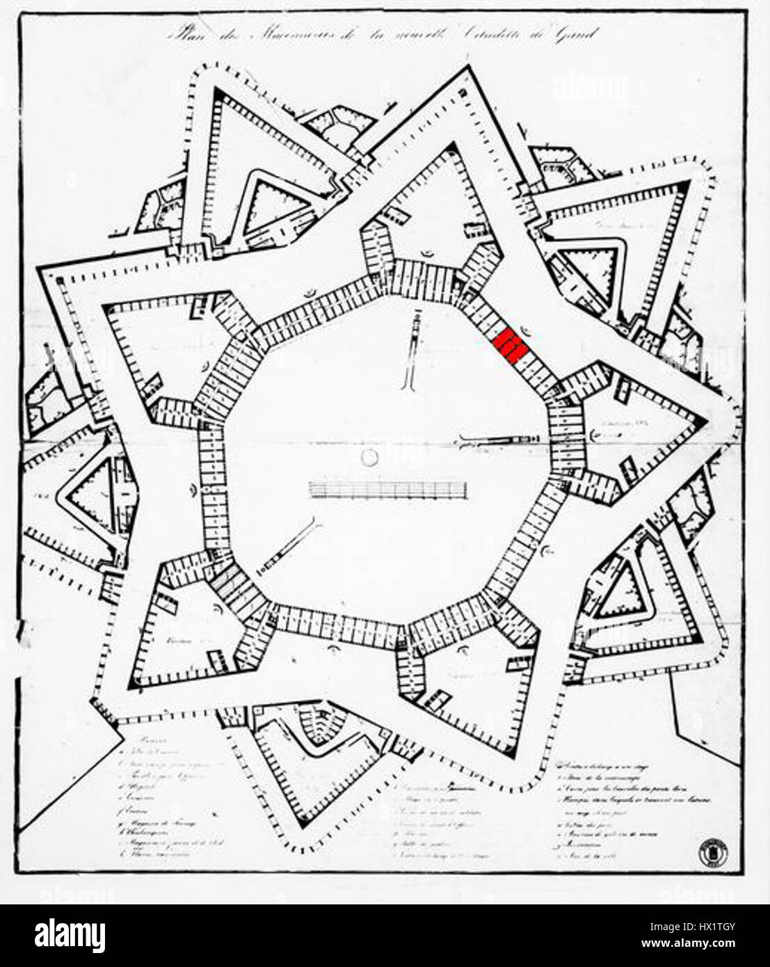 Una vecchia mappa della Cittadella di Gand, Belgio, raffigura la storica fortezza militare e l'area circostante. La mappa mostra la posizione della cittadella lungo il fiume e il suo ruolo nella difesa e nell'importanza strategica della città nei secoli precedenti. Foto Stock