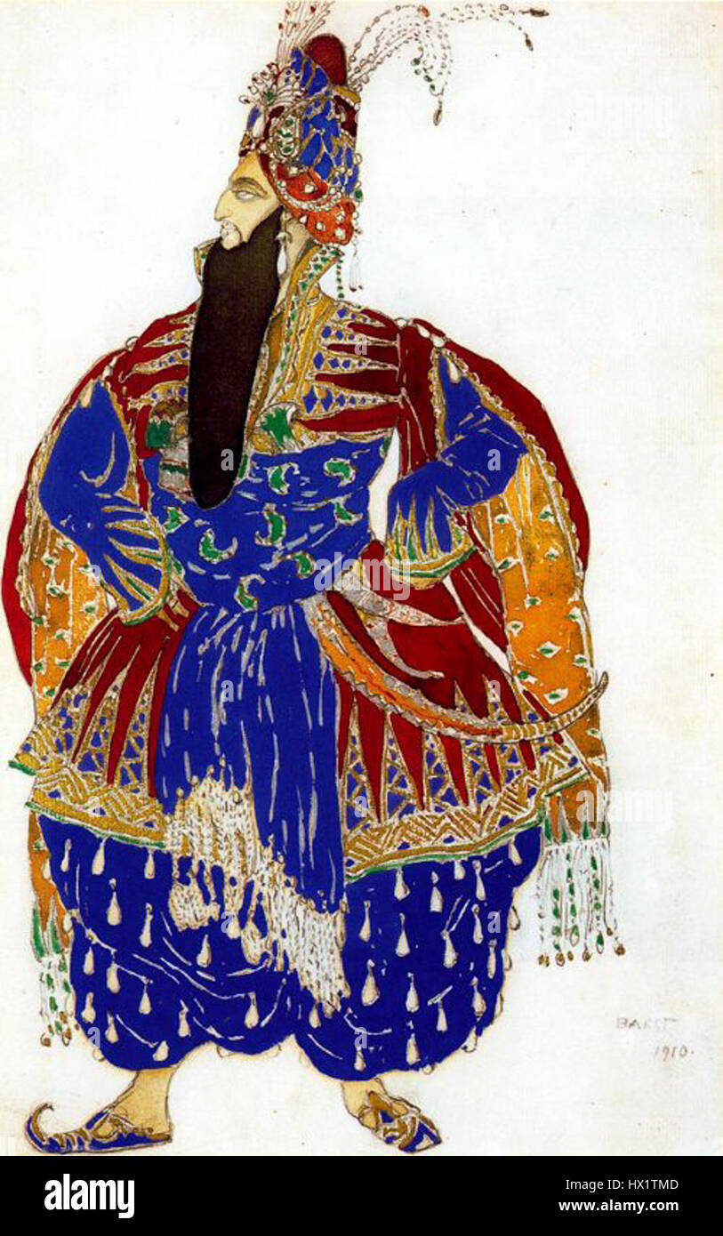 Il costume di Alexei Bulgakov per Shahriar (1910) mostra un'interpretazione teatrale del personaggio del re persiano. Il design riflette probabilmente l'estetica drammatica del periodo, con dettagli elaborati e simbolismo culturale. Foto Stock