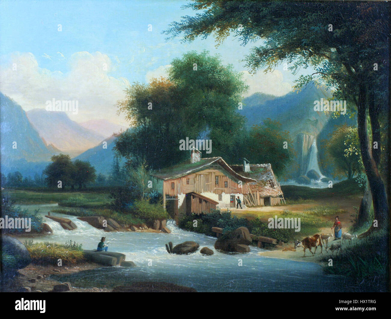 Il dipinto 'Cottage and Stream' raffigura un paesaggio rurale con una piccola casa accanto ad un ruscello che scorre. La scena rappresenta la tranquillità e la semplicità della vita di campagna, catturando la bellezza naturale dell'ambiente in modo realistico. Foto Stock Il dipinto 'Cottage and Stream' raffigura un paesaggio rurale con una piccola casa accanto ad un ruscello che scorre. La scena rappresenta la tranquillità e la semplicità della vita di campagna, catturando la bellezza naturale dell'ambiente in modo realistico. Foto Stock