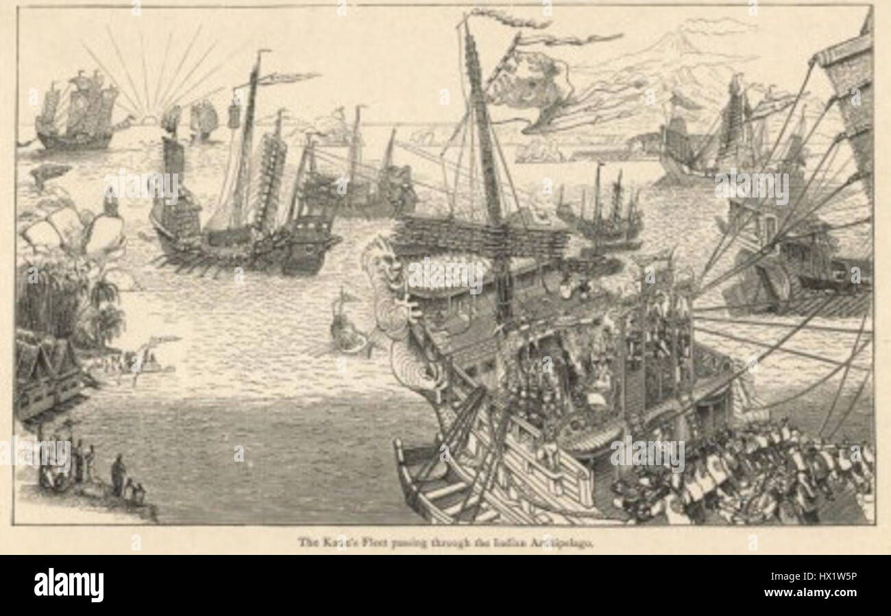 La flotta di Kublai Khan rappresenta la potente forza marittima durante la dinastia Yuan, mostrando il dominio dell'Impero mongolo in Asia e la forza navale. Foto Stock