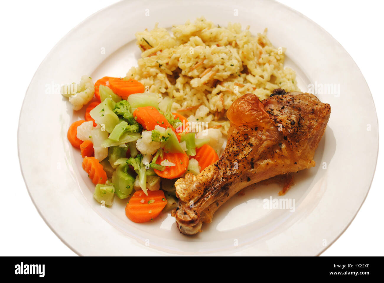 Un sano pollo, riso e pasto vegetariano Foto Stock