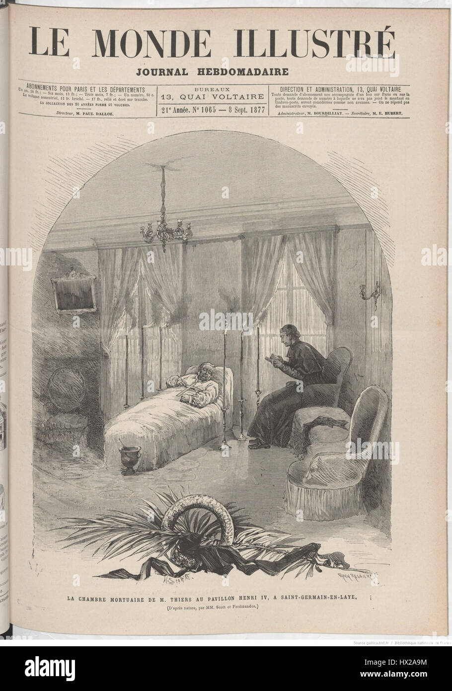 La chambre mortuaire de M. Thiers, raffigurante la camera della morte dello statista francese Adolphe Thiers, cattura un momento solenne nella storia francese. La scena rappresenta il lutto di un leader nazionale in un contesto storico. Foto Stock