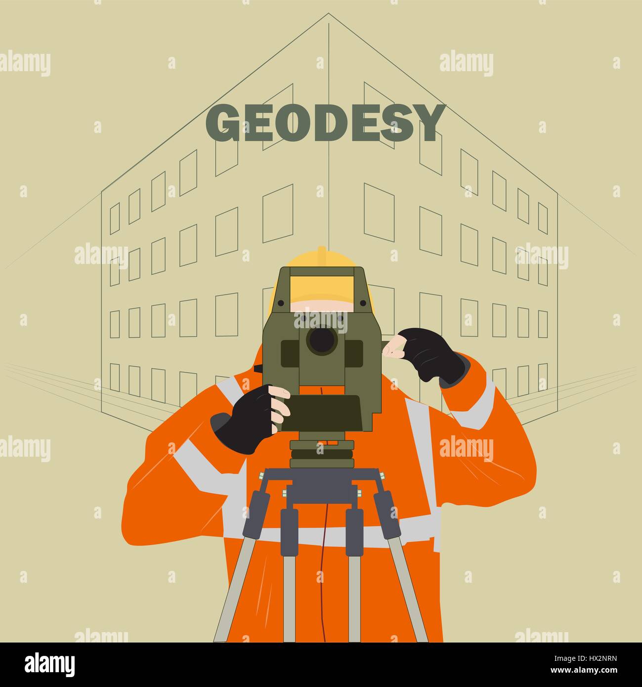 Professione geometra illustrazione raffigurante un uomo in abiti da lavoro con un teodolite strumento contro lo sfondo del progetto a casa Illustrazione Vettoriale