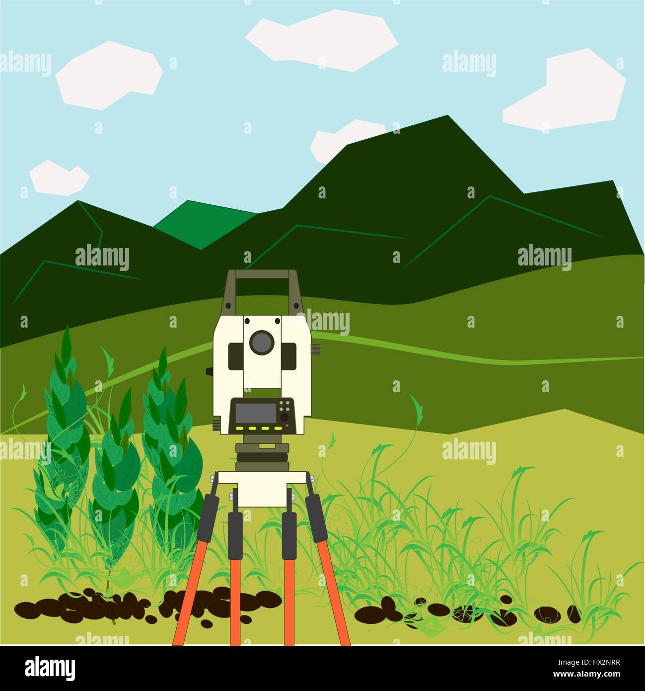 Dispositivo geometra - un teodolite è in un'area aperta in montagna, splendido scenario naturale Illustrazione Vettoriale