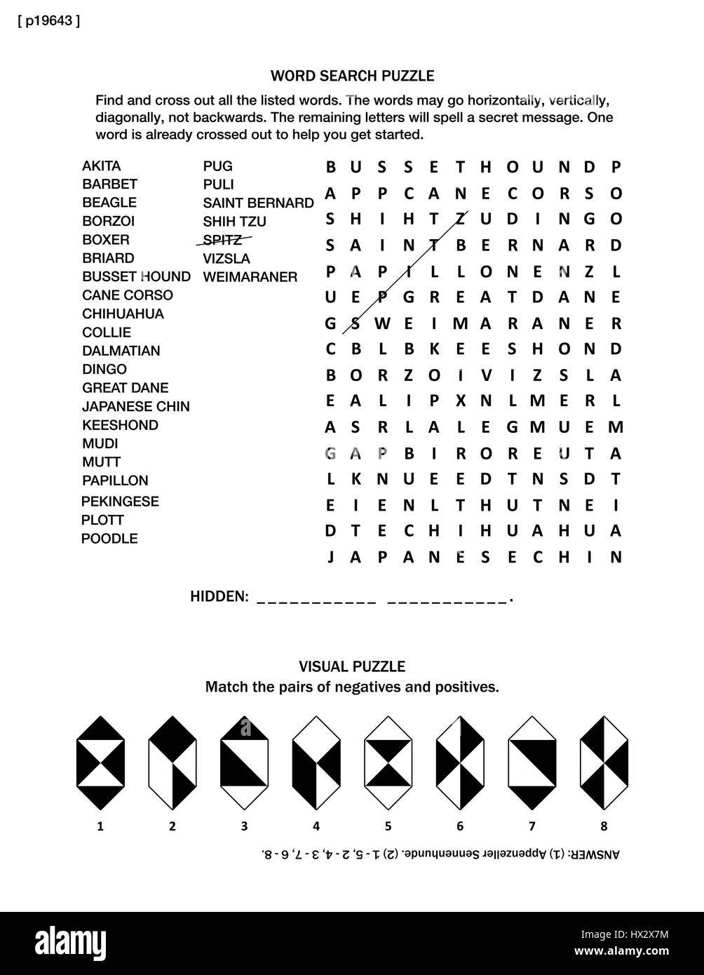 Pagina di puzzle con due giochi del cervello: cani themed puzzle di ricerca di parola e visual riddle. Bianco e nero, A4 o formato letter. Risposta inclusa. Illustrazione Vettoriale