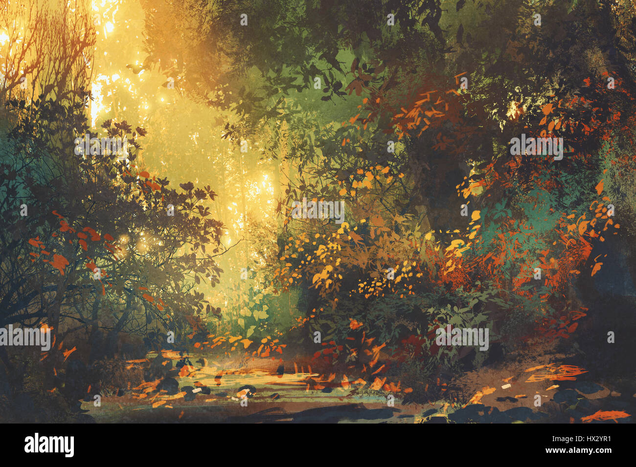 Uno splendido scenario di coloratissimi boschi con alberi e fiori in primavera al tramonto, illustrazione pittura Foto Stock