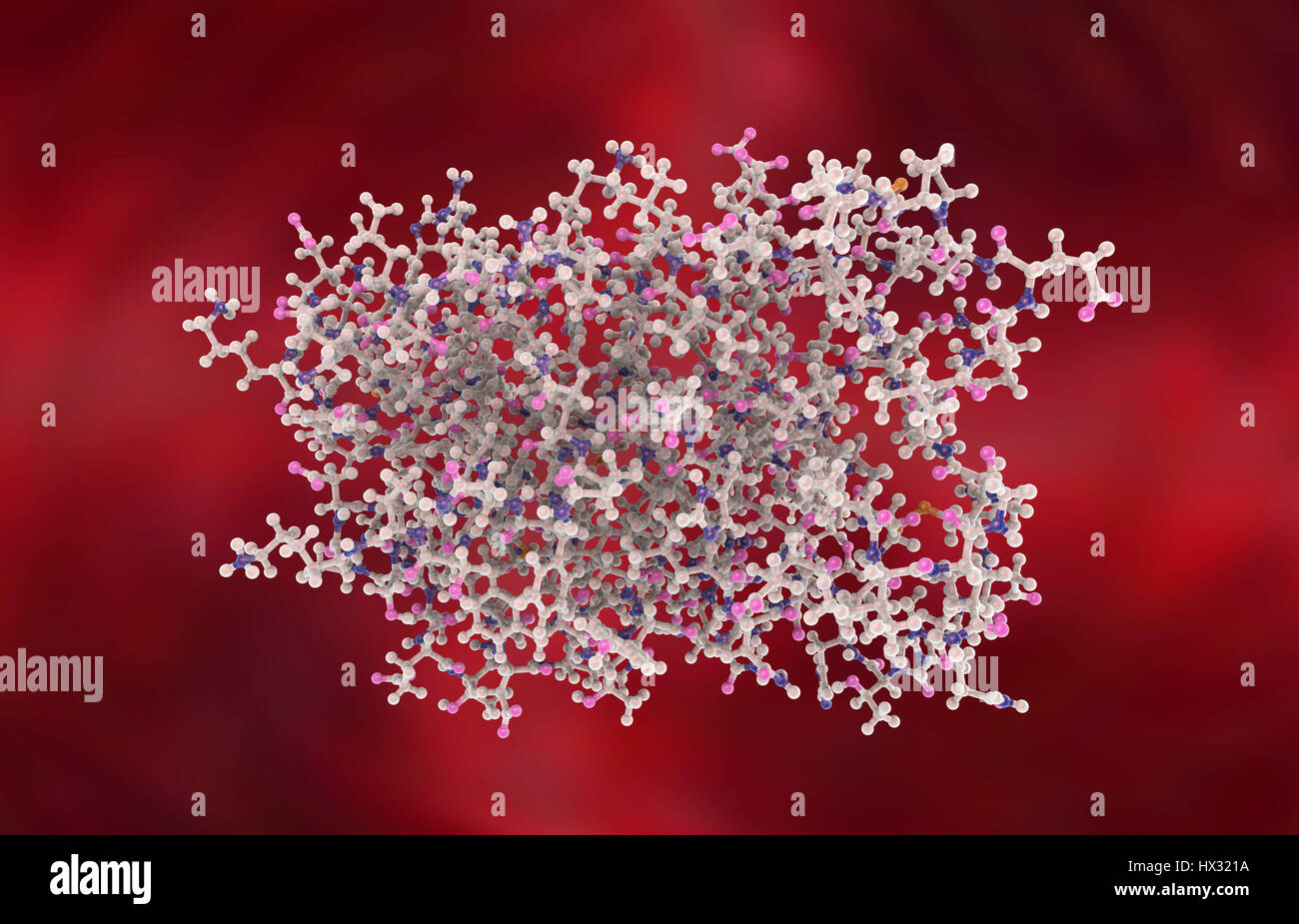 L'alfa interferone umano, modello molecolare. Gli interferoni sono proteine prodotte dalle cellule bianche del sangue come parte della risposta immunitaria ai patogeni invadenti, specialmente virus. Foto Stock