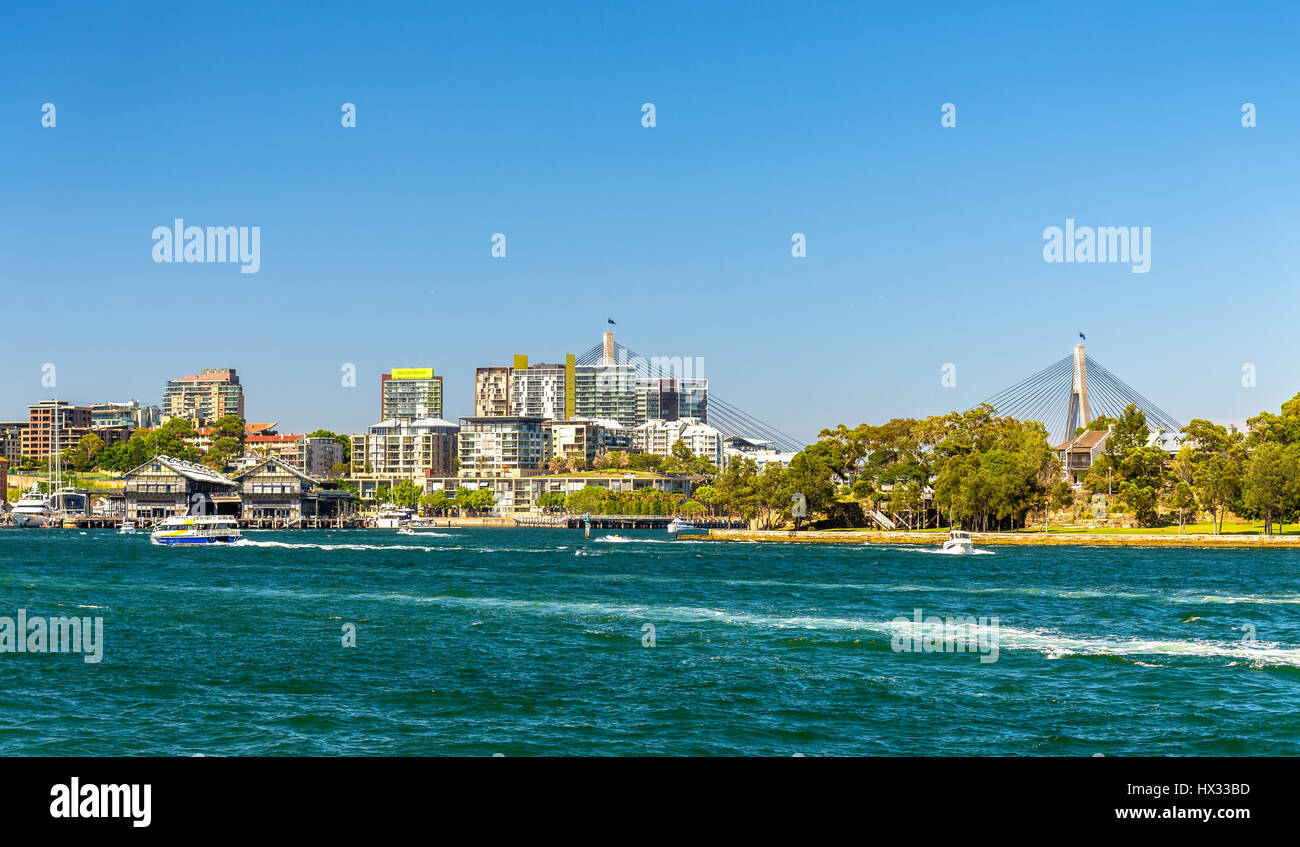 Vista di Pyrmont district e l'Anzac Bridge a Sydney Foto Stock