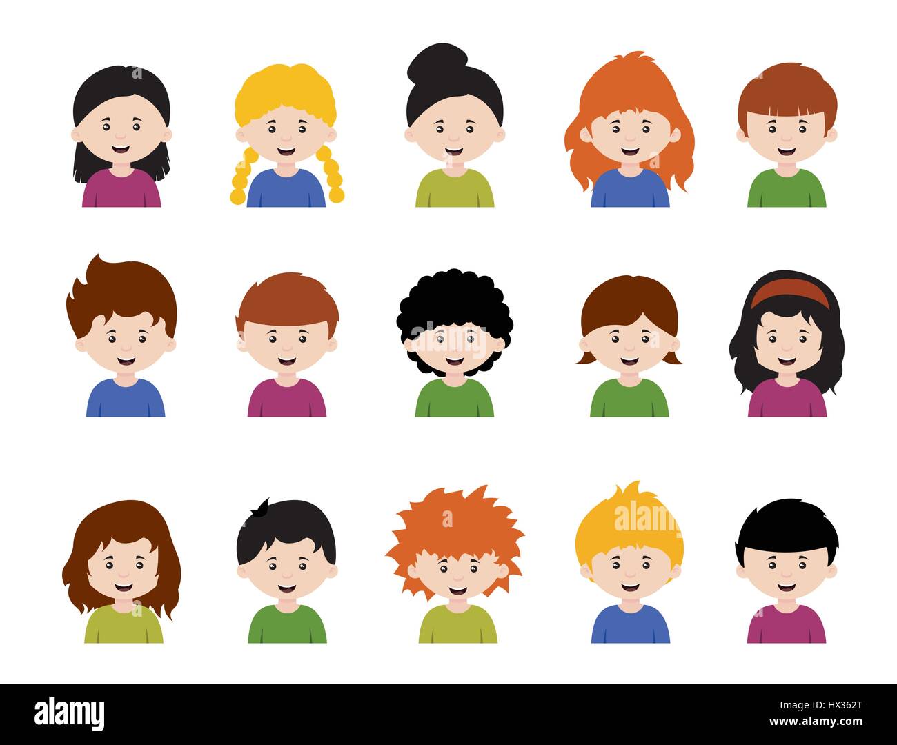 Grande set di avatar bambini,cartoon carino ragazzi e ragazze facce con emozioni diverse Illustrazione Vettoriale