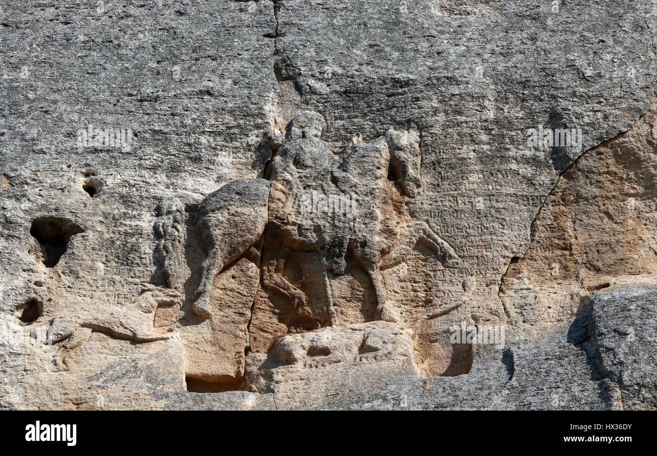 Il Cavaliere di Madara, Il Cavaliere di Madara è un inizio medioevo roccia grande rilievo. Questo è il simbolo globale della Bulgaria. Il Madara horseman Foto Stock