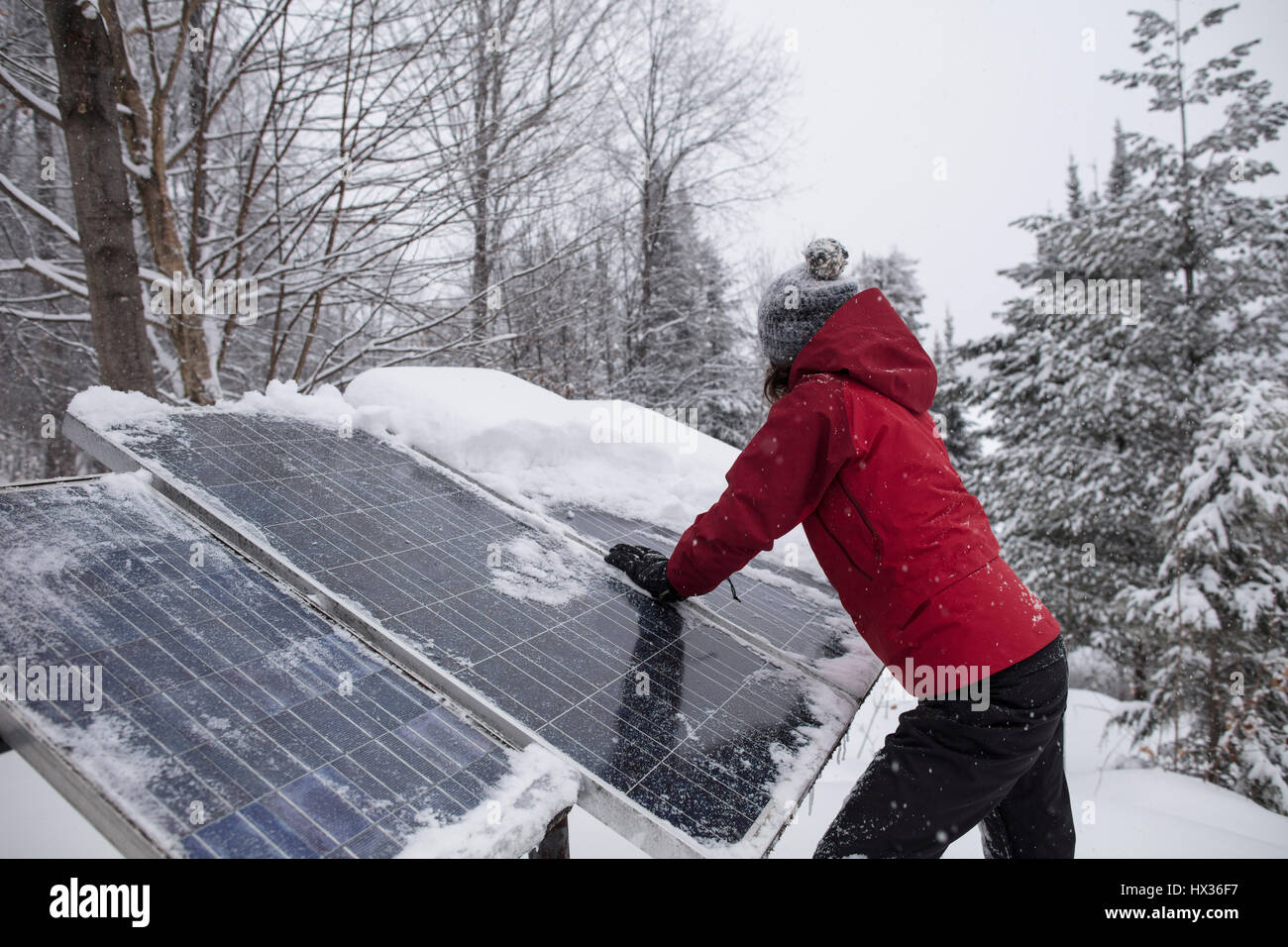Una signora in una giacca rossa cancella la neve fuori i pannelli solari dopo una tempesta di neve in Hastings Highlands, Ontario, Canada. Foto Stock