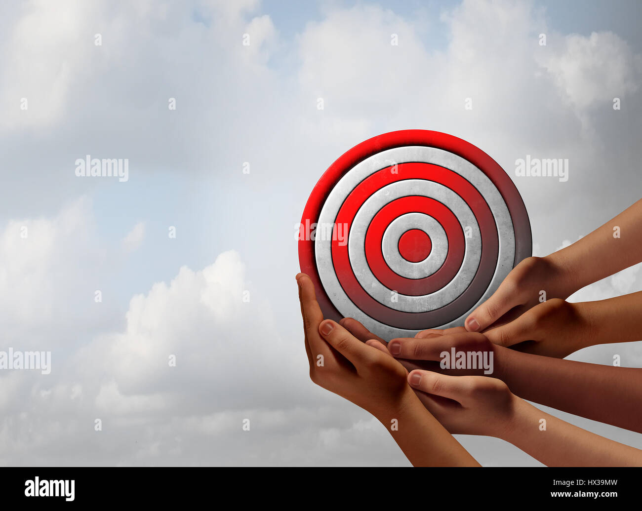 Pubblico target nozione come un gruppo di diverse mani bullseye come un business marketing metafora per clienti e consumatori focus. Foto Stock