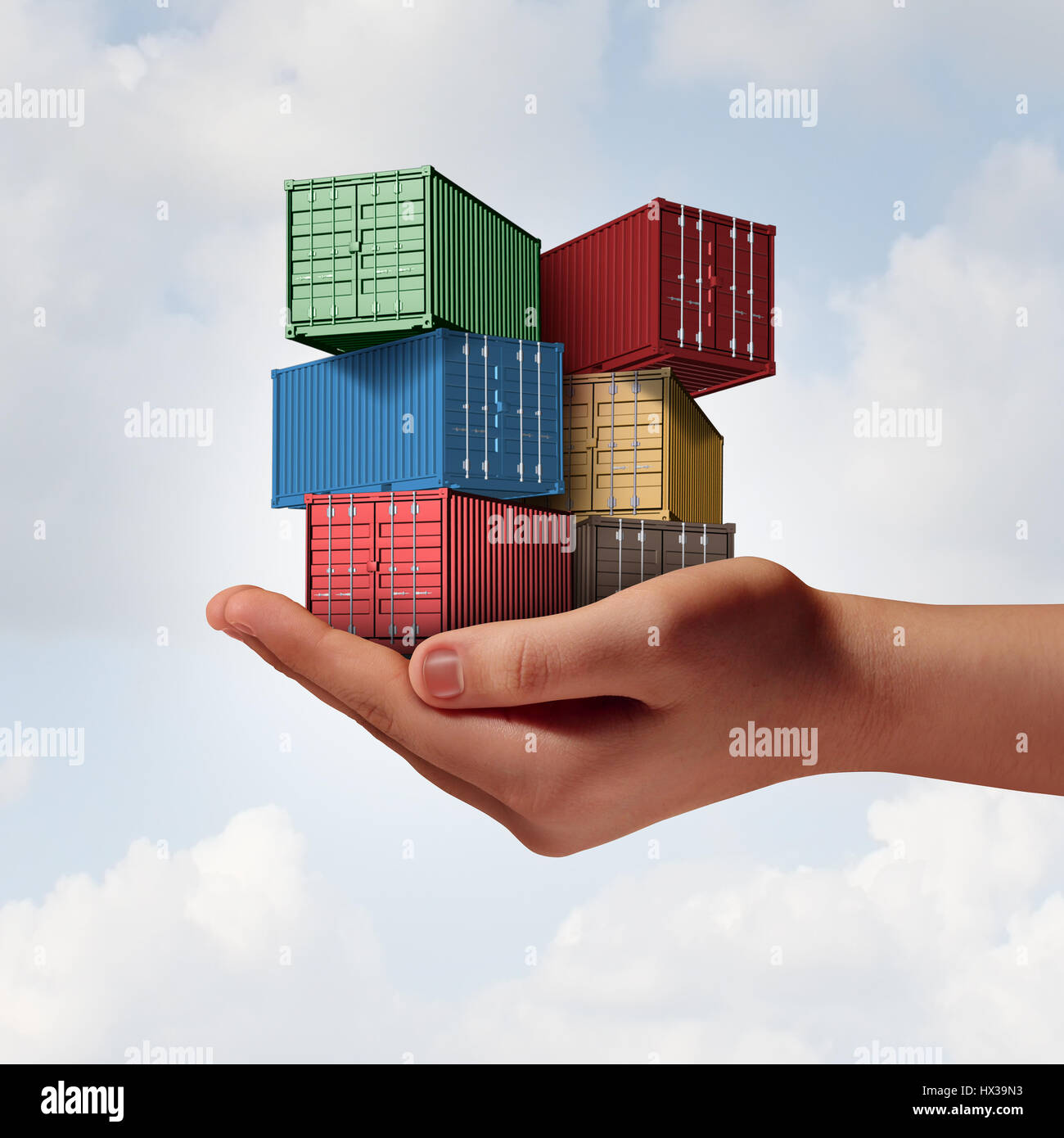 Spedizione Cargo concetto di supporto come una mano che tiene un gruppo di contenitori di merci come i trasporti e la logistica o commercio metafora. Foto Stock