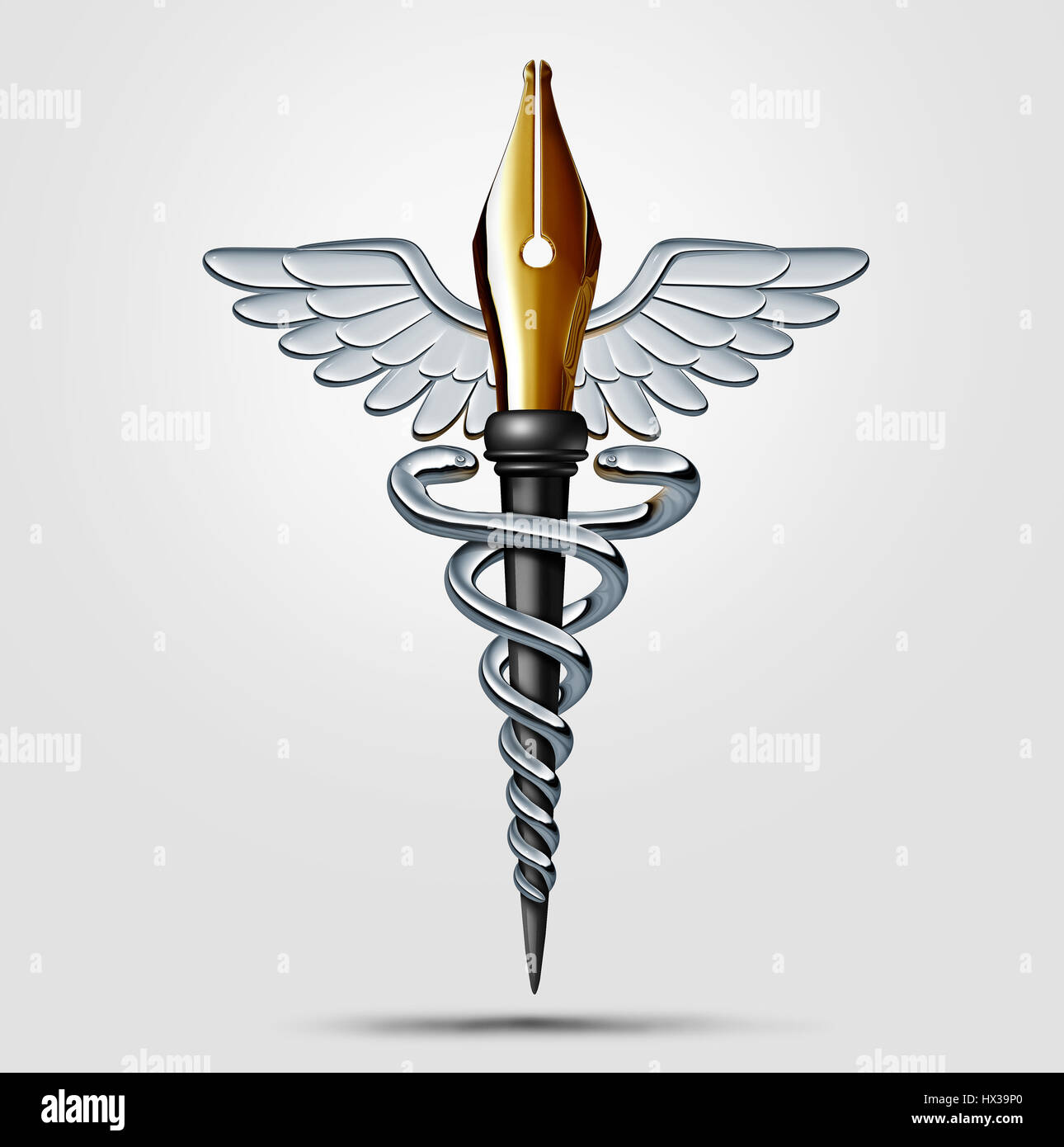 Mediche e medicina pubblicazione come un caduceo con una penna e pennino come una cura di salute simbolo per il report di ricerca o medico prescrizione. Foto Stock