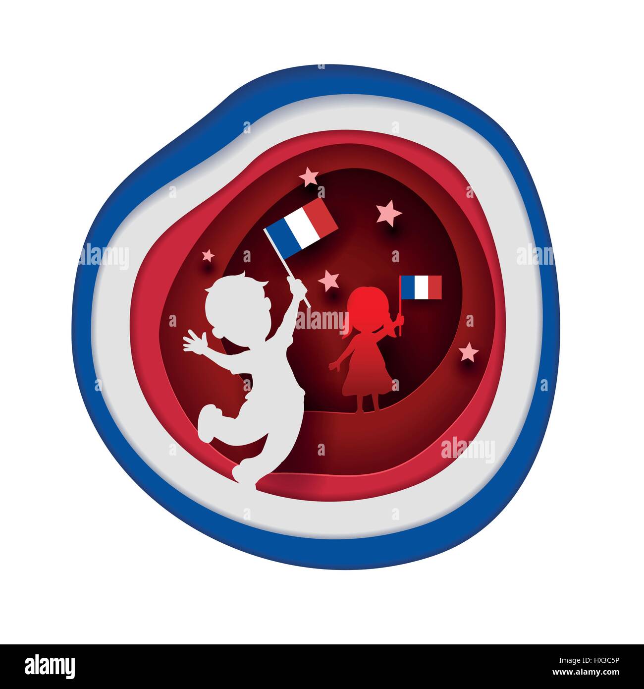 Poco europeo dei bambini francesi tenendo bandiera della Francia. Taglio della carta in stile arte illustrazione vettoriale. Illustrazione Vettoriale